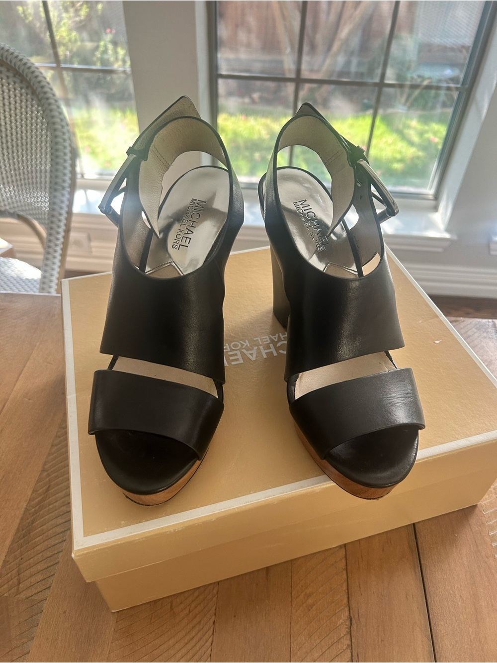 Michael Kors Black Leather Wedge Sandals with Wood-Look Platform - Picture 2 of 7